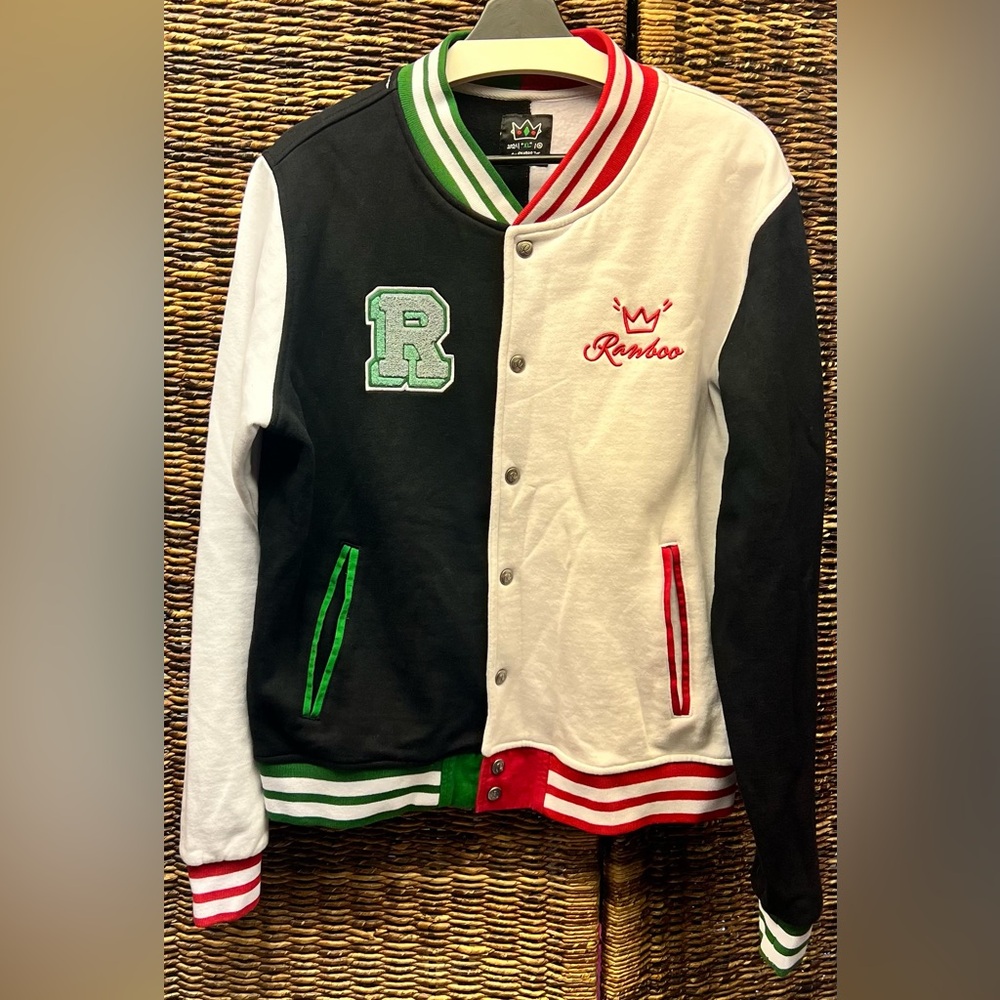 Ranboo Black‎ and White Varsity Jacket-XLarge, Discoloration on sleeve and back
